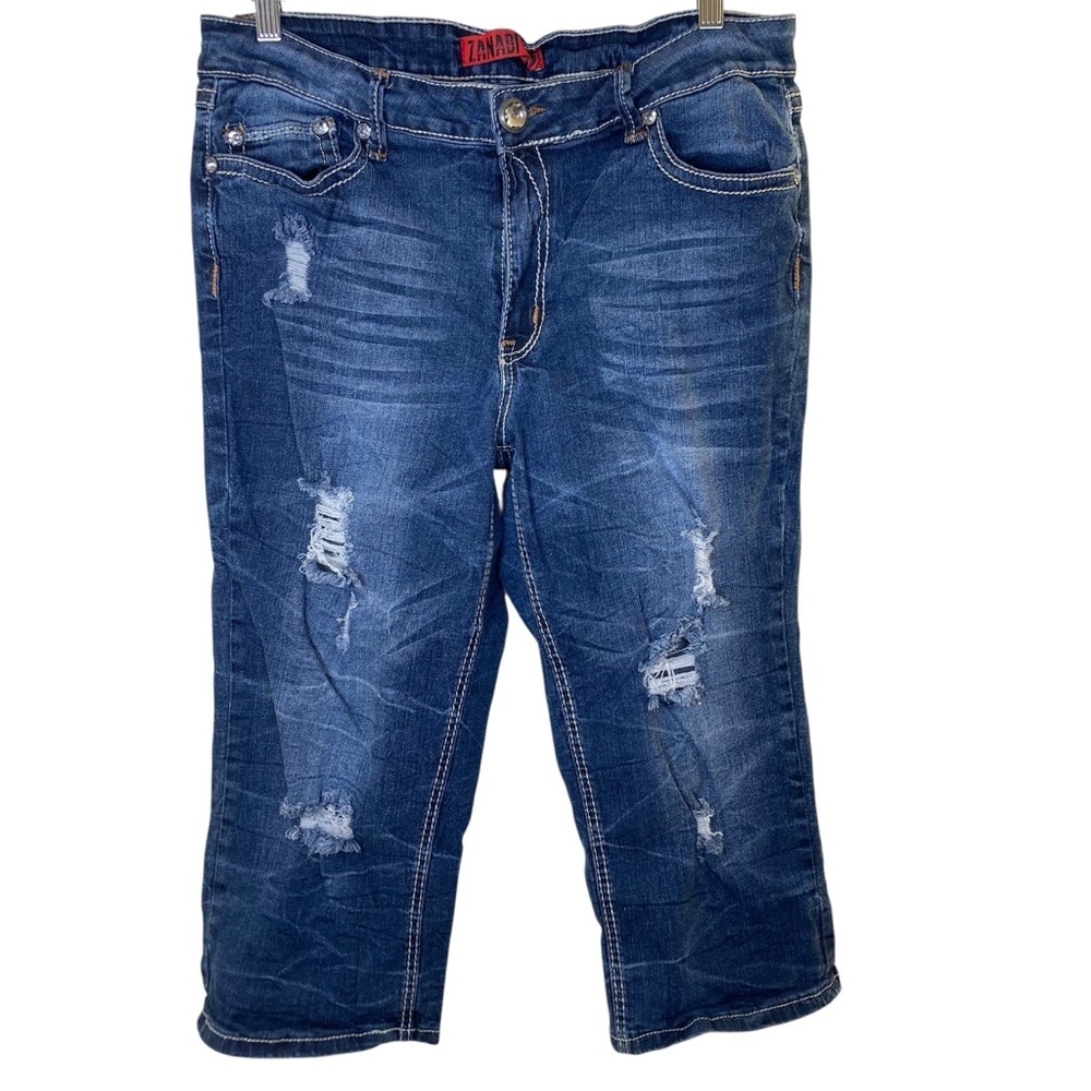 Zanadi Size 16 Distressed Capri Jeans Rhinestone Stretch Denim